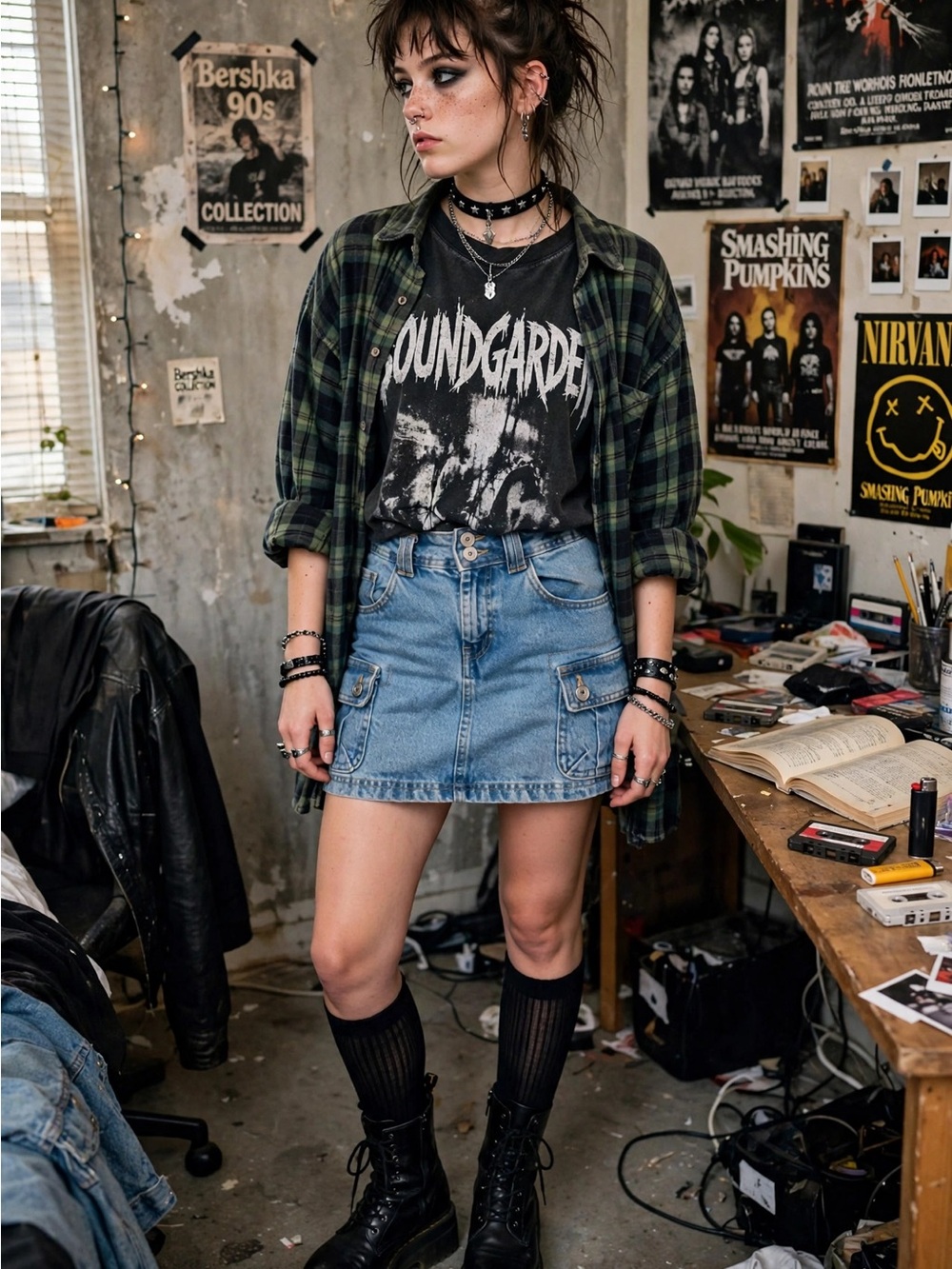 Vintage Y2K Bershka Cargo Denim Mini Skirt 00 90s Grunge Medium Wash